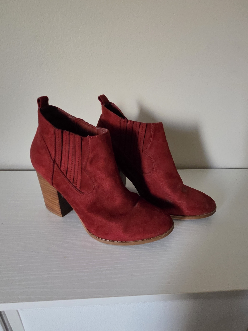 Forever 21 Red Suede Ankle Booties with Stacked Heel
